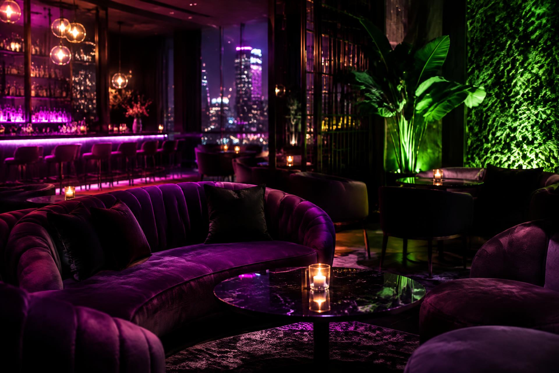 Late night lounge seating under purple and neon light at Pisco Gastrolounge in Uptown Charlotte